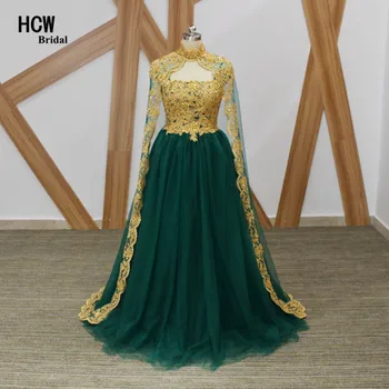 

High Quality Green Tulle Long Evening Dress Gold Beaded Lace A Line Cloak Arabic Evening Dresses 2019 Custom Made Robe De Soiree