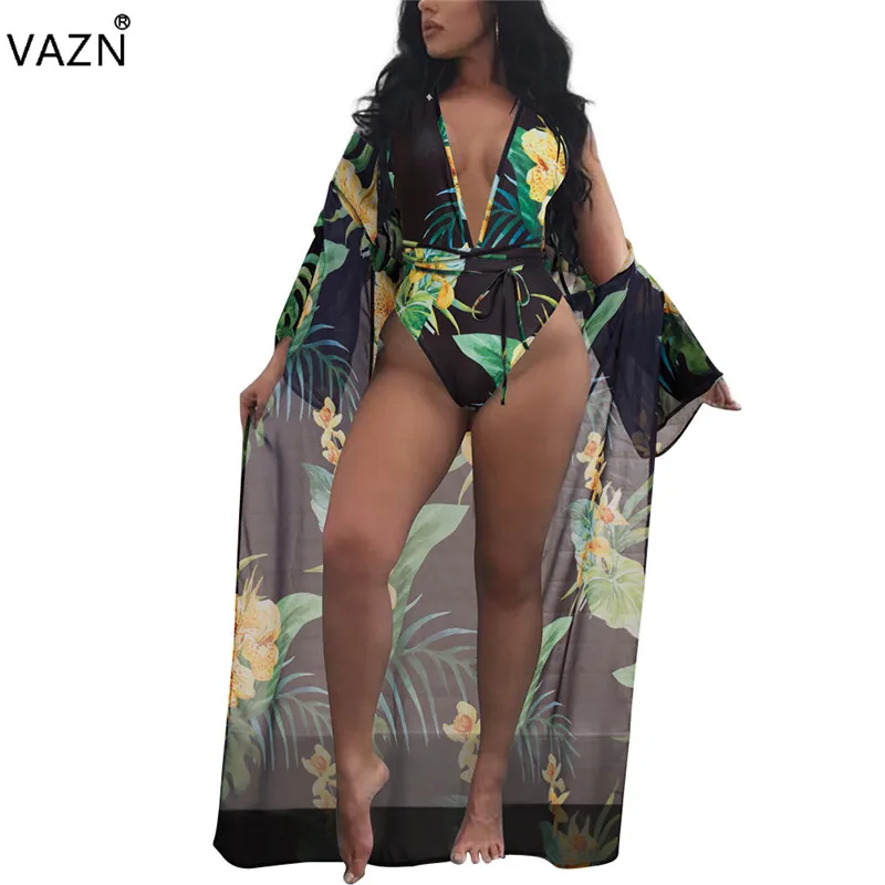 VAZN 2018 лидер Летних Продаж 2 части печати Боди женские комплекты с длинными рукавами длинные пальто дамы без рукавов, с глубоким v-образным