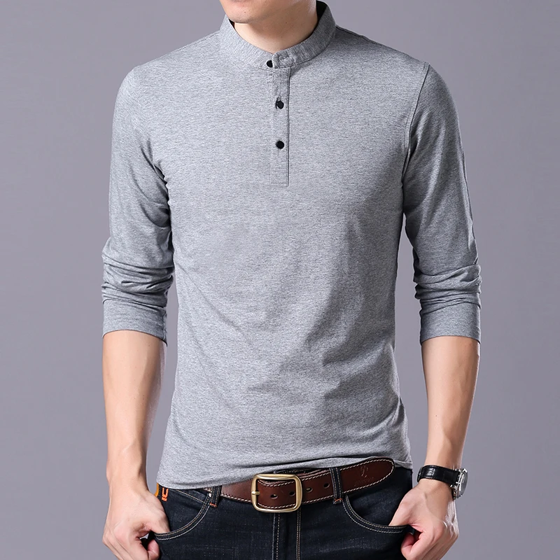 

2018 New fashion casual fitness slim men's long sleeved T-shirt solid long sleeve t shirt men cotton Mandarin Collar T-shirts
