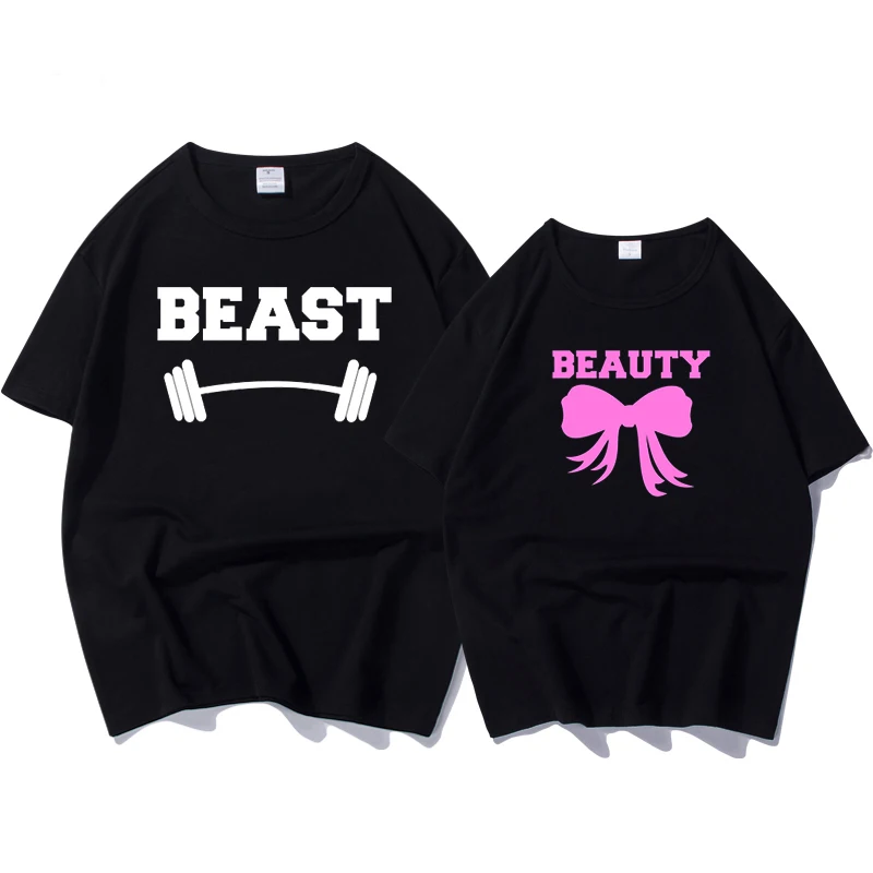 

New Fashion Tshirt Couple Clothes Lovers Female Male Casual Top Letter Print Beast&beauty T-Shirt Cotton Matching Couple T Shirt