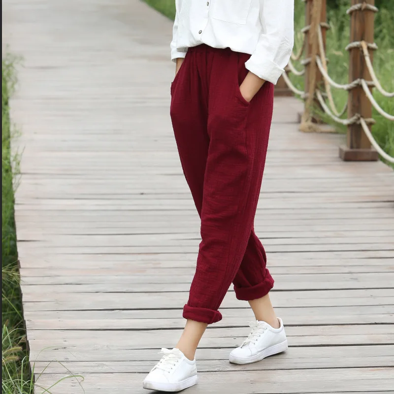 Women Casual Cotton Linen Pencel Pants 2016 Autumn Solid Color Elastic ...