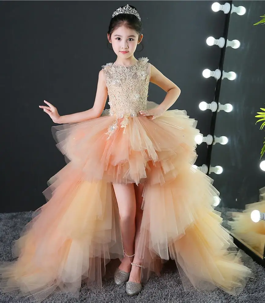 

Appliques Lace Girl Dress Long Trailing Flower Girl Dresses for Wedding First Communion Dress Puffy Tulle Pageant Princess Dress