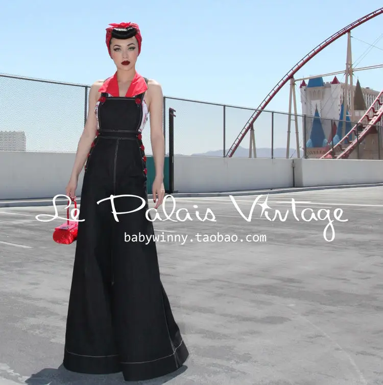 

FREE SHIPPING Le Palais Vintage PIN UP Retro Classic Self-Cultivation Wide Leg Jeans High Quality overalls/Jumpsuits