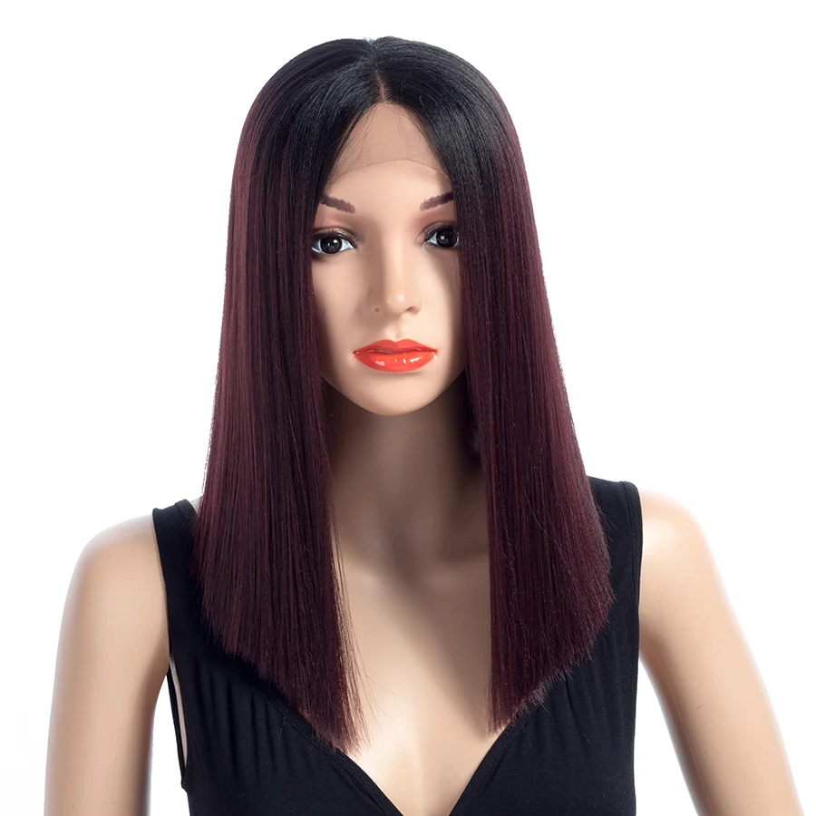 

Aigemei Synthetic Straight Wigs Ombre Color Middle Part Lace Front Wigs For Woman Kanekalon Heat Resistant Hair 16 Inch