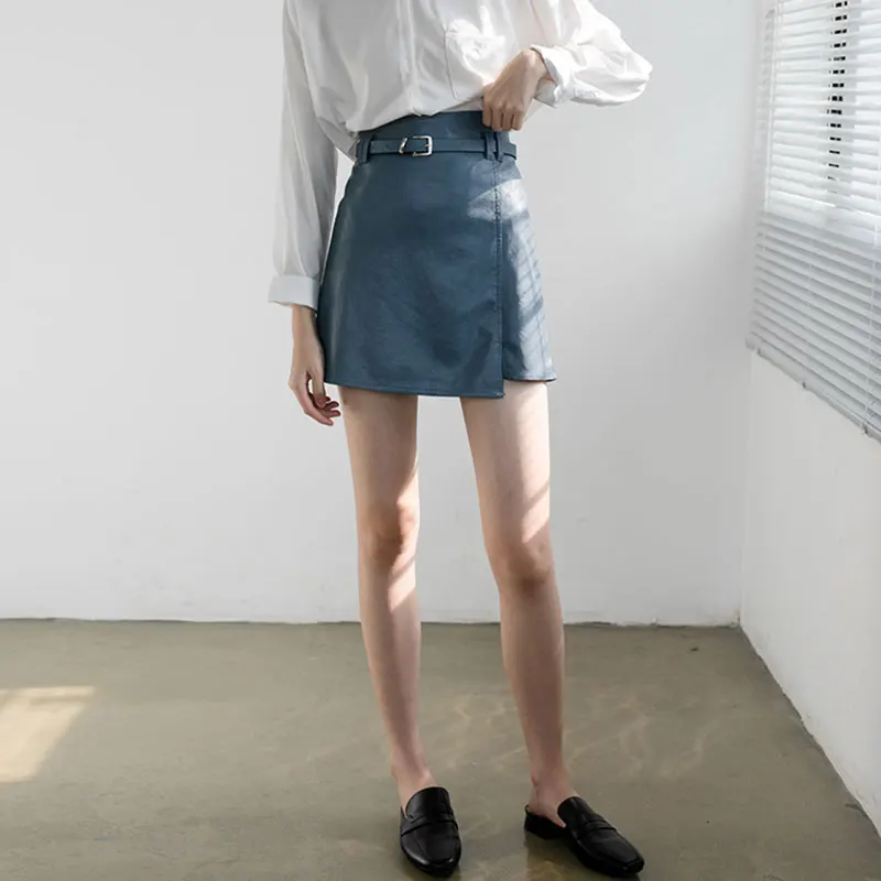 

2019 Spring casual women's solid color PU leather skirts autumn slim sashes empire mini skirts female straight PU skirt