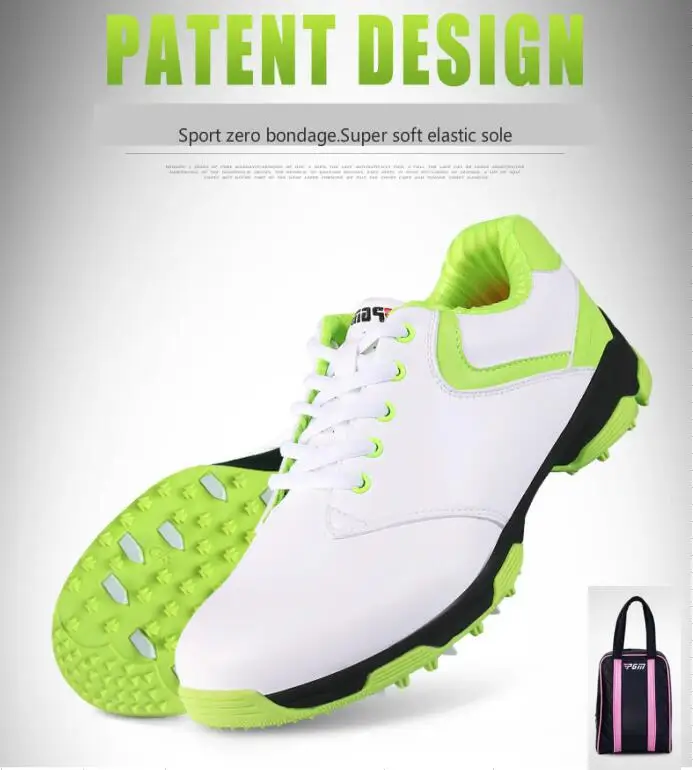 PGM/Женская обувь для гольфа с лакированным дизайном, противоскользящие женские ультралегкие водонепроницаемые дышащие кроссовки для гольфа с сумкой для обуви - Цвет: whtie green