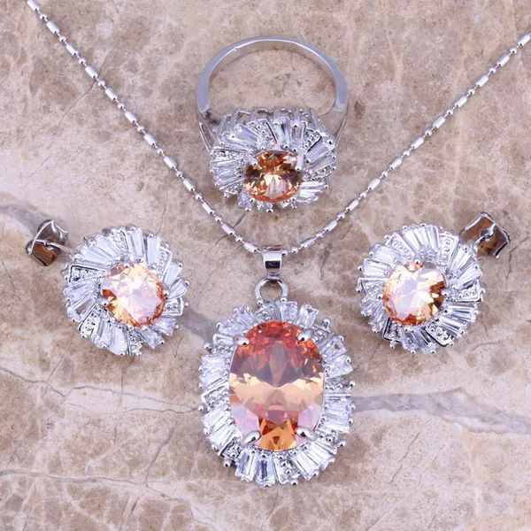 Посеребренные Ювелирные наборы Morganite с белыми фианитами серьги подвеска кольцо
