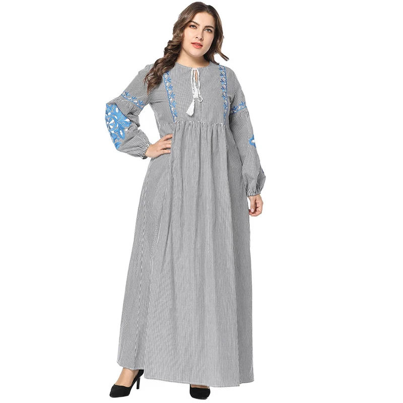 2019 весеннее платье с длинными рукавами с вышивкой, Абая, для мусульман, платье в полоску, платье для девочек с круглым вырезом с кисточками