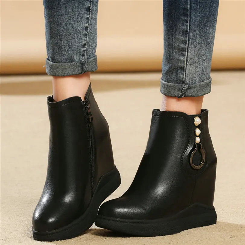 

Punk Pearl Trainers Womens Shoes Cow Leather Super High Heel Party Pumps High Top Walking Creepers Wedges Platform Ankle Boots