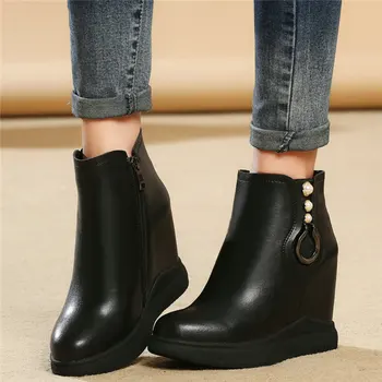 

Punk Pearl Trainers Womens Shoes Cow Leather Super High Heel Party Pumps High Top Walking Creepers Wedges Platform Ankle Boots