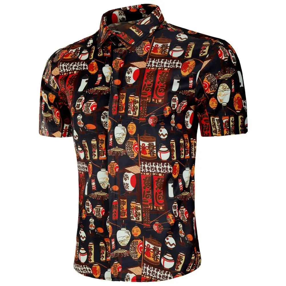 Национальный стиль, летние мужские рубашки с цифровым принтом, короткий рукав, отложной воротник, гавайская рубашка