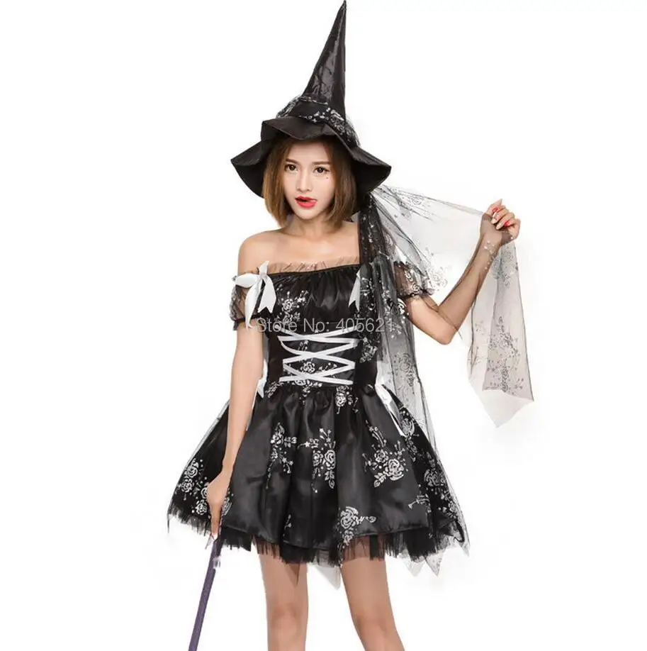 Halloween Penyihir Wanita Naik Cetak Elegan Busana Wanita Dewasa