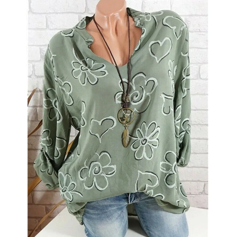 

Fashion 5XL Plus Large Size Women's Blouses Summer Tops New Leisure Blouse White Loose Feather Print V Neck Long Sleeve Shirts