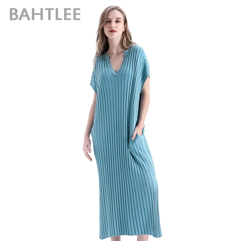 

BAHTLEE Loose Casual Knit Sheath Mini Dresses Ladies Solid V Neck Short Sleeve Bodycon long Dress Morandi