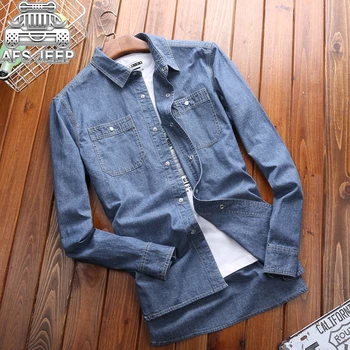 

Brand AFS JEEP Size 5XL Plus Size Men Shirts New 2019 Denim Jeans Shirt Autumn Long Sleeve Classic British Style Design