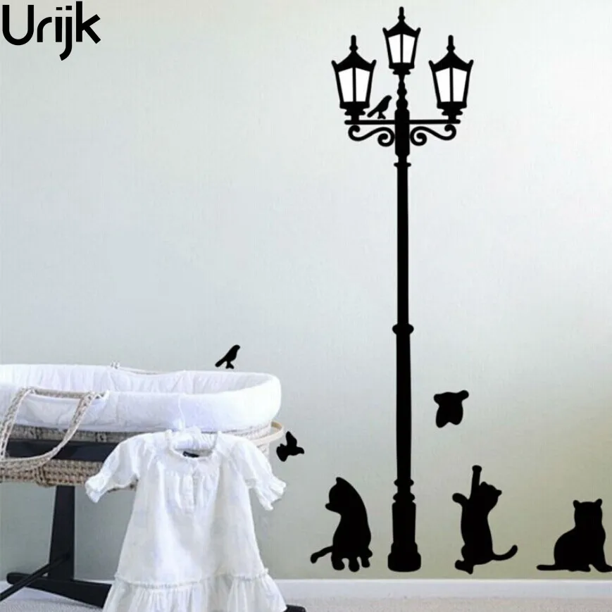 

Urijk PVC Adhesive Classroom Home Decoration 3 Little Cat Under Street Lamp DIY Animal Wall Sticker Wallpaper Mural Room Decal