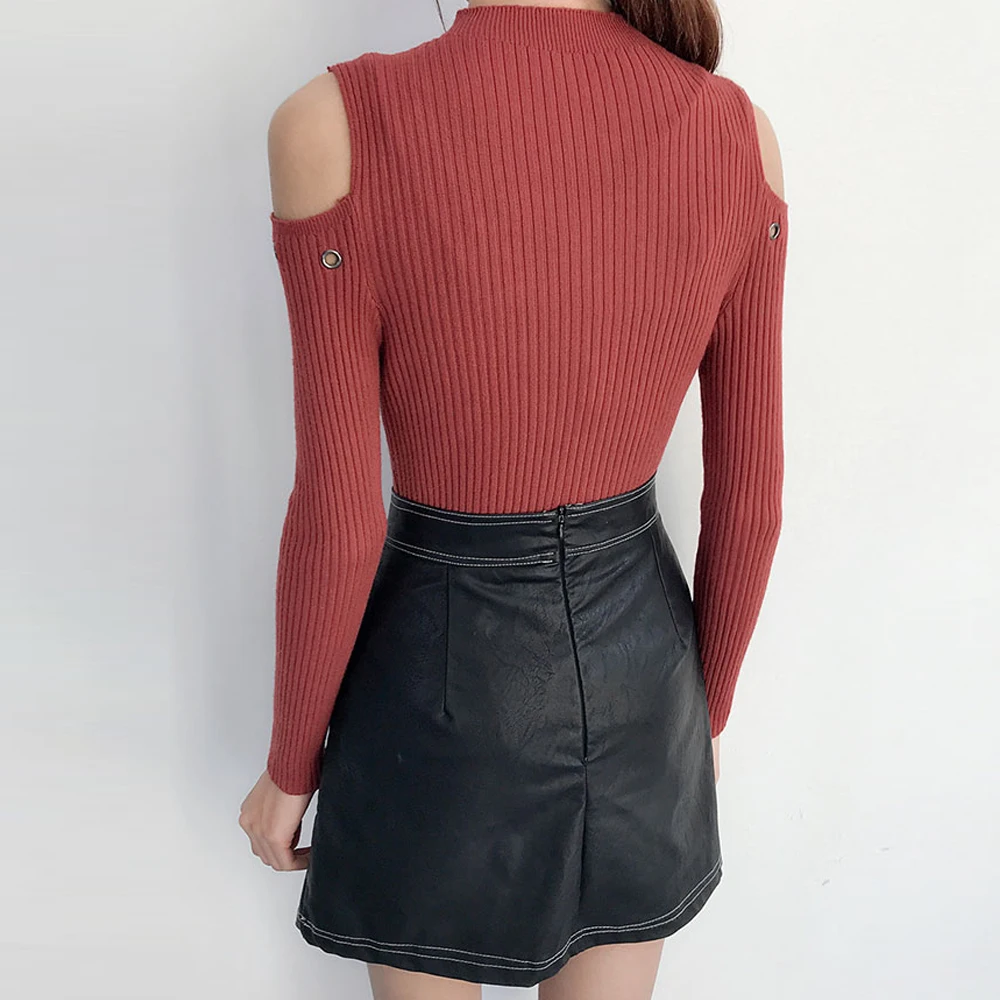 New 2018 Fashion Women Off Shoulder Long Sleeve Knitted Sweater Solid Skinny Slim Sweater High Stretch Pullover Casual Tops Sweaters
