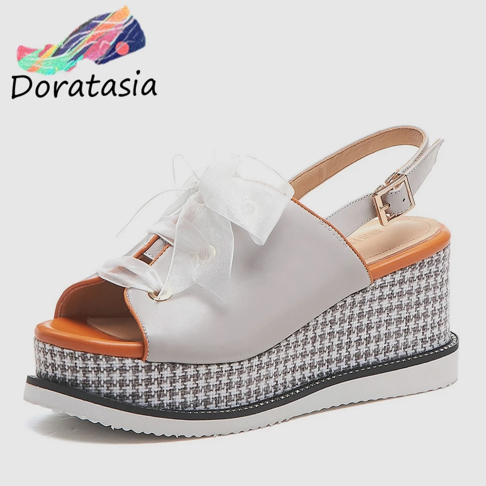 

DORATASIA 2019 New Sweet Butterfly Knot Genuine Leather Shoes Sandals Woman Summer Platform Sandals Woman Wedges Shoes Woman
