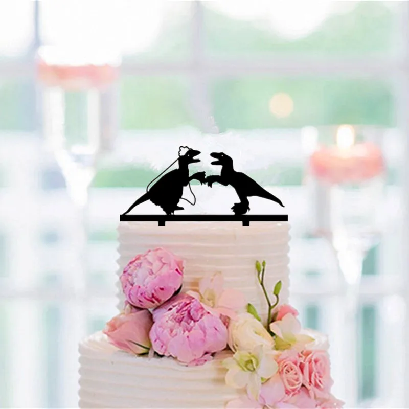 

Funny Wedding Cake Topper Dinosaur Couple Bride and Groom Cake Topper for Wedding /Anniversary / Engagement Party Decoration