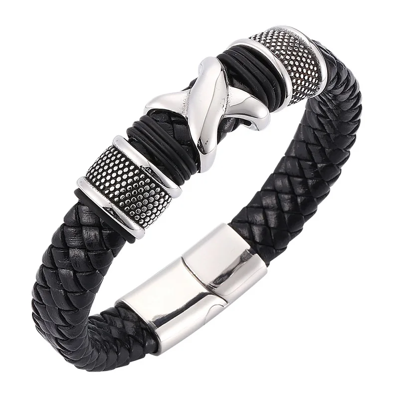Punk X Shape Stainless Steel Accessories Woven Leather Bracelet Men Jewelry Magnetic Buckle Braided Male Wrist Band Gifts ST0068 | Украшения