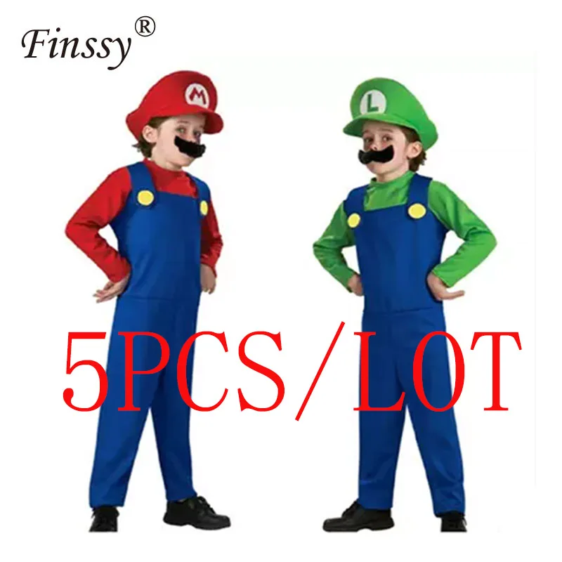 

5PCS Wholesale Halloween Cosplay Super Mario Bros suit for Kids Funny party wear cute plumber Mario and Luigi set baby clothes