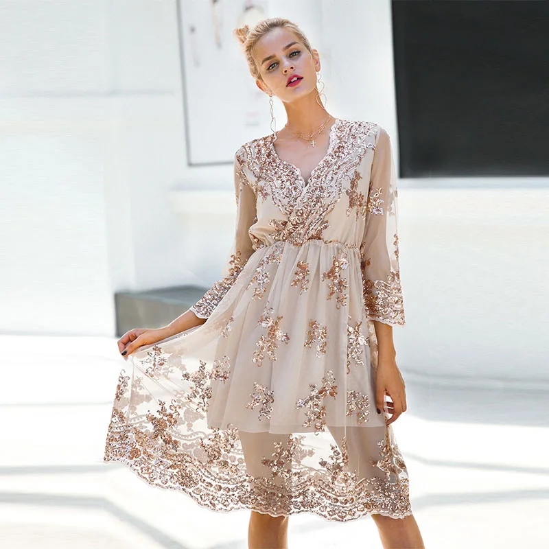 

Sexy Dress Women 2019 Spring Summer V-neck Sequined A-Line Party Dresses Casual Female Mesh Streetwear Midi Dress Vestidos