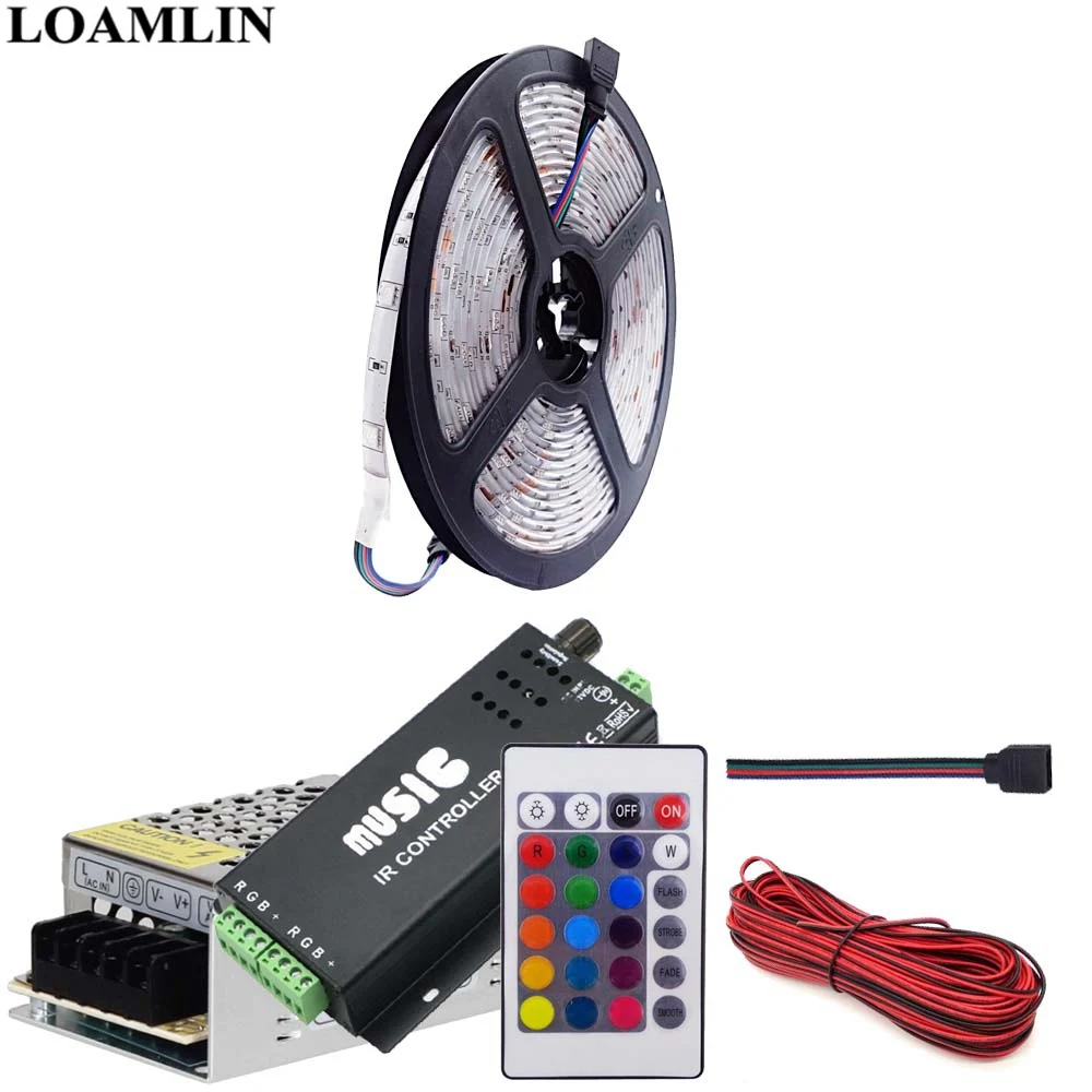 5050SMD RGB 30leds/m Flxible света 24 Ключи ИК Музыка RGB Led контроллер DC12V Led Трансформатор Мощность комплект 5 M 10 м 15 м 20 м