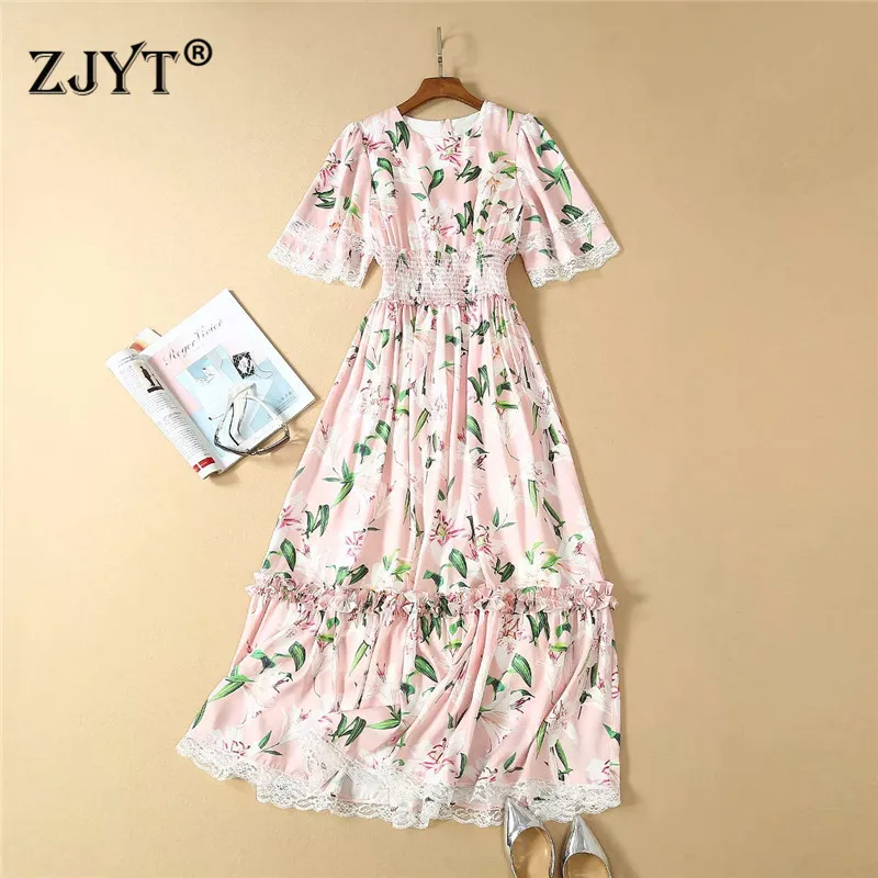 

2019 New Runway Designer Summer Long Dress Women Elegant Fashion Short Sleeve Lace Patchwork Floral Print Party Dress robe femme