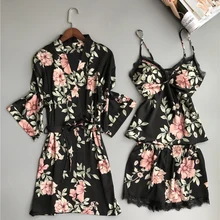 Наборы платьев из 3 частей для женщин с короткими штанами, сексуальный халат, атласный цветочный принт, ночное белье, шелковое ночное белье, халат, наборы для женщин