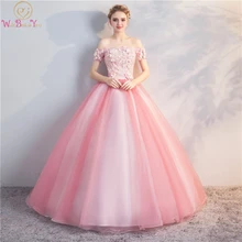 Pink Prom Dresses Boat Neck Ball Gown Short Sleeves Floor Length Tulle With 3D Flowers And Beading Lace-up Back Evening Dresses navy lace hollow out short sleeves mini dresses with lace up design