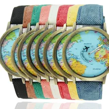 FUNIQUE Bronze World Map Flight Airplane Watch Travel World Denim Strap Quartz Watches Women Dress Wristwatch Gifts