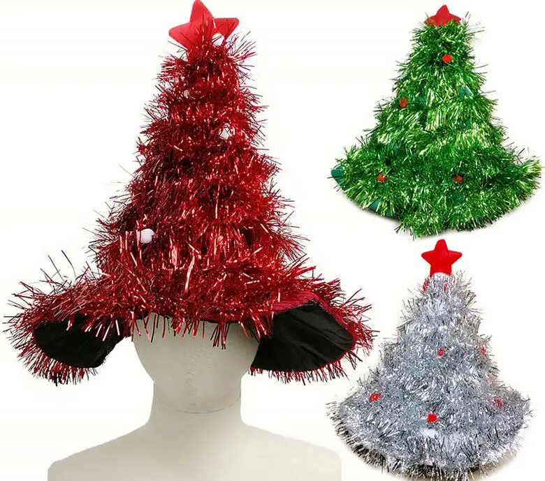 Christmas tree shape hat Children Adults party prop Caps red green gold silvery | Дом и сад