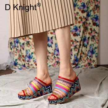 

Genuine Leather High Heels Slippers Lady Slides Footwear 2019 New Summer Fashion Stripe Women Platform Mules Wedge Shoes Sandals