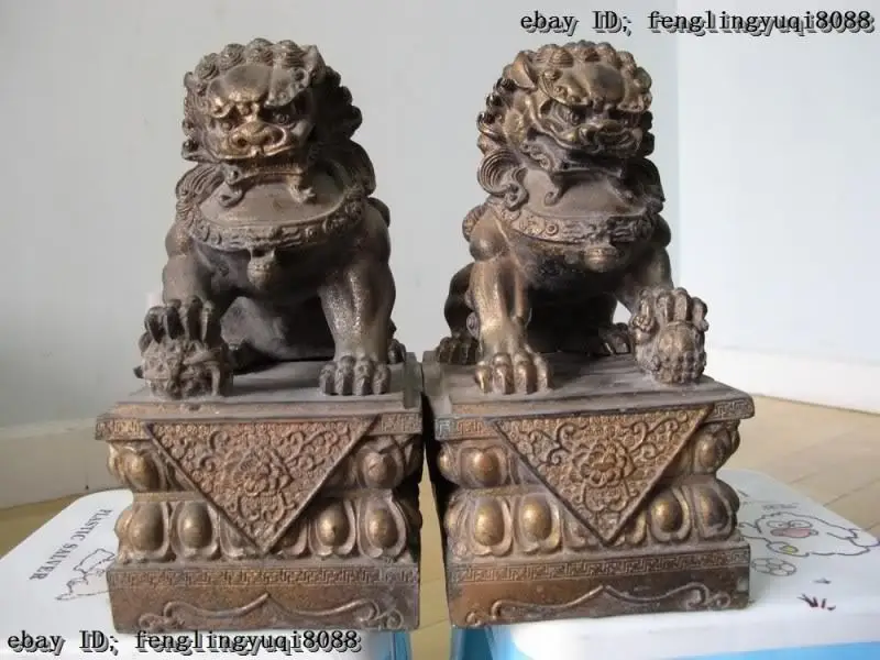

China classical Bronze Gilt Palace Feng Shui Evil Bei Jing Foo Dog Lion Pair