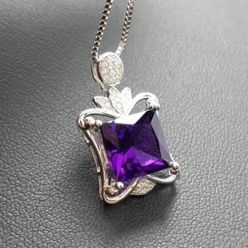 

FLZB, Amethyst natural gemstone violet color in 925 sterling silver pendant with chain fine jewelry violet romantic