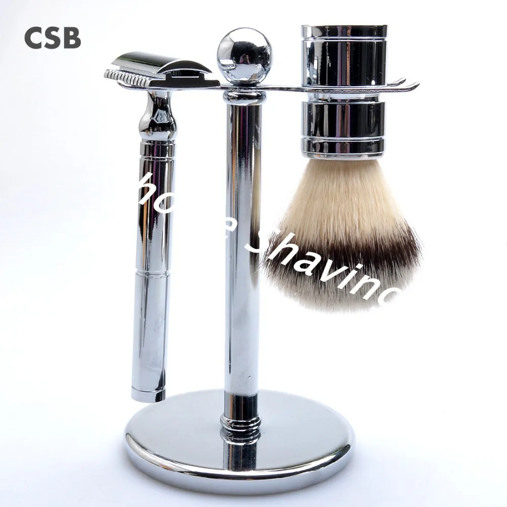 

CSB Barber Shaving Brush Synthetic Hair+Chrome Stand+Double Edge Safety Razor Set