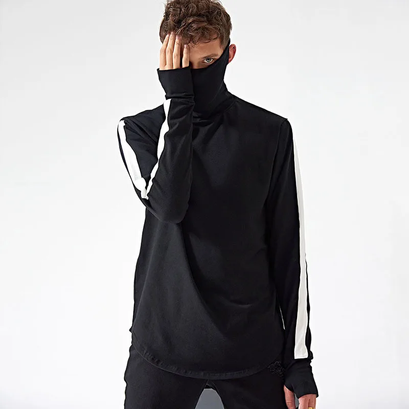 

Men Turtleneck Long Sleeve Gloves T Shirt Streetwear Hip Hop Fashion Cotton Tees Shirts Male Casual Bottoming Pullover Tshirts