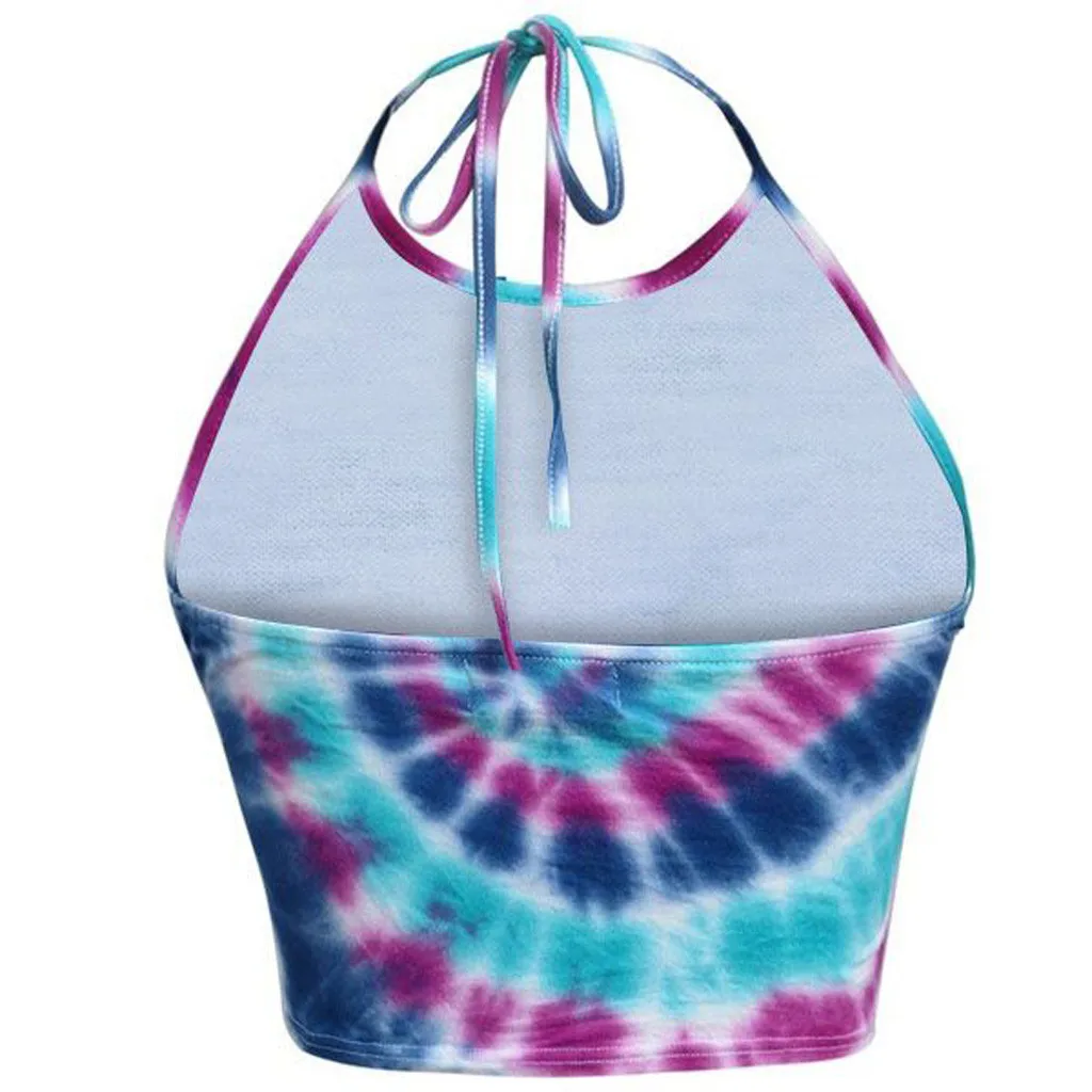 Women Fashion Women Halter Sleeveless Shirt Tie Dye Vest Short Tank Bustier Tops Camisole Bohemian Funny Festa Slim