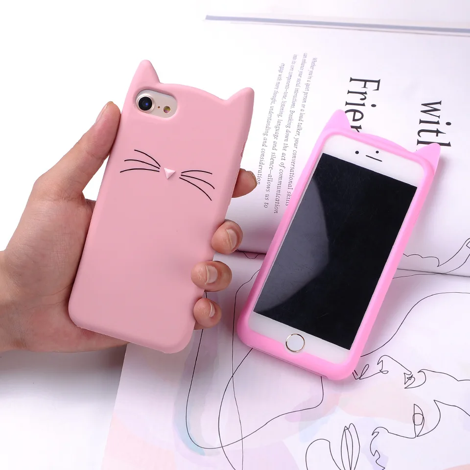 THREE-DIAO Case For iPhone 6 6S 7 8 Plus X Case 3D Cute Cartoon Animal Cat Ear Silicone Case For iPhone 5S SE 6 6S 7 8 Plus Capa