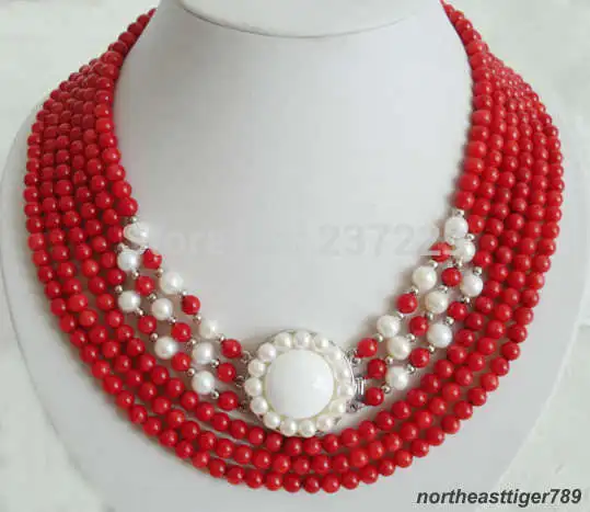 

HOT## Wholesale XSZ2014 ^^^^^6 Rows Red Coral White Pearl 18KWGP Flower Clasp Pendant Necklace