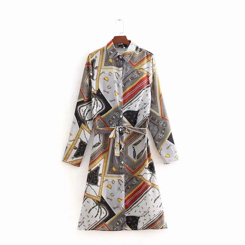 

women vintage patchwork printing shirtdress long sleeve sashes kneeth dress femme buttons vestidos casual business dress DS2076