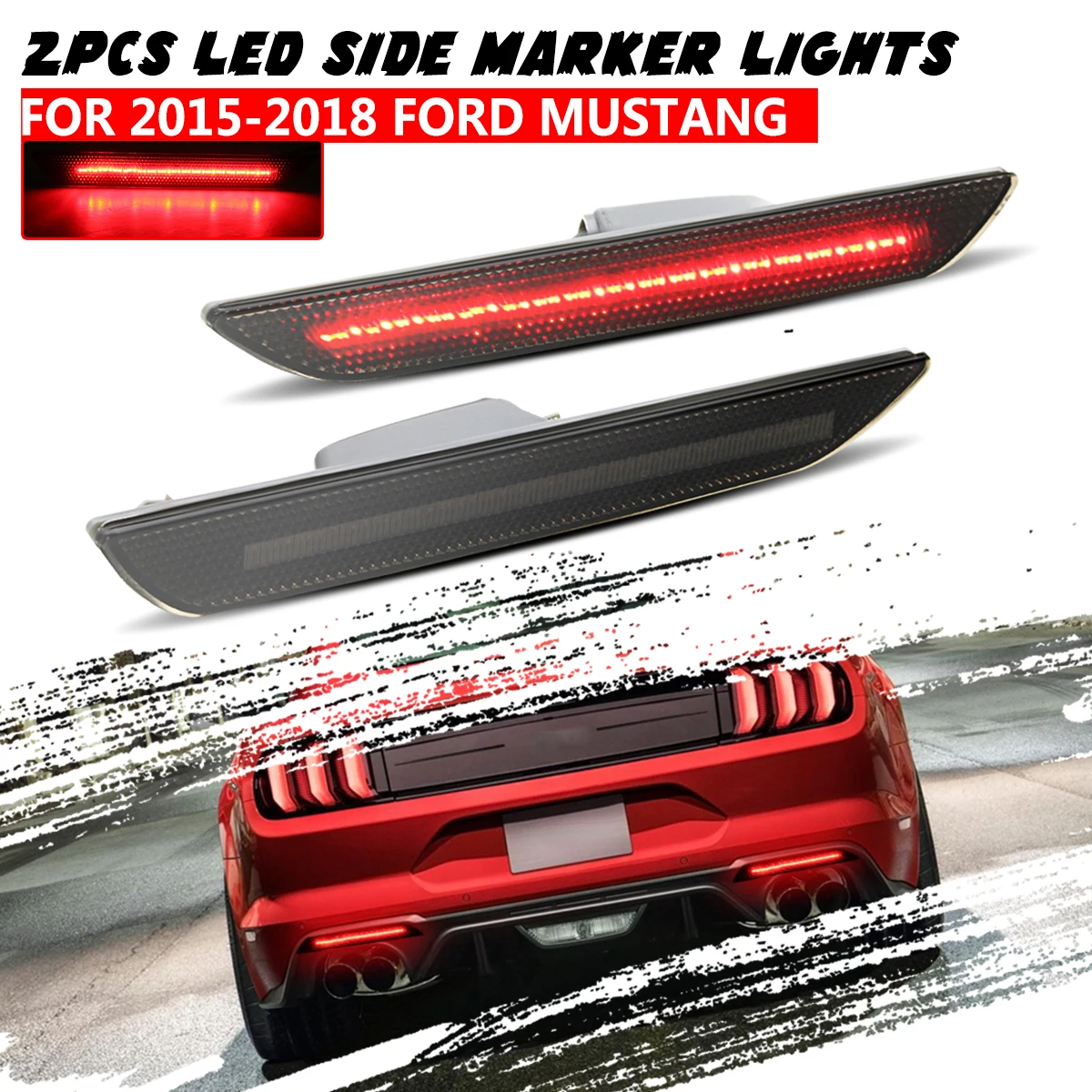 

1Pair Smoked Black Lens Red LED Rear Side Marker Lights Lamps Fit For Ford For Mustang 2015 2016 2017 2018 Bumper Back Lamp