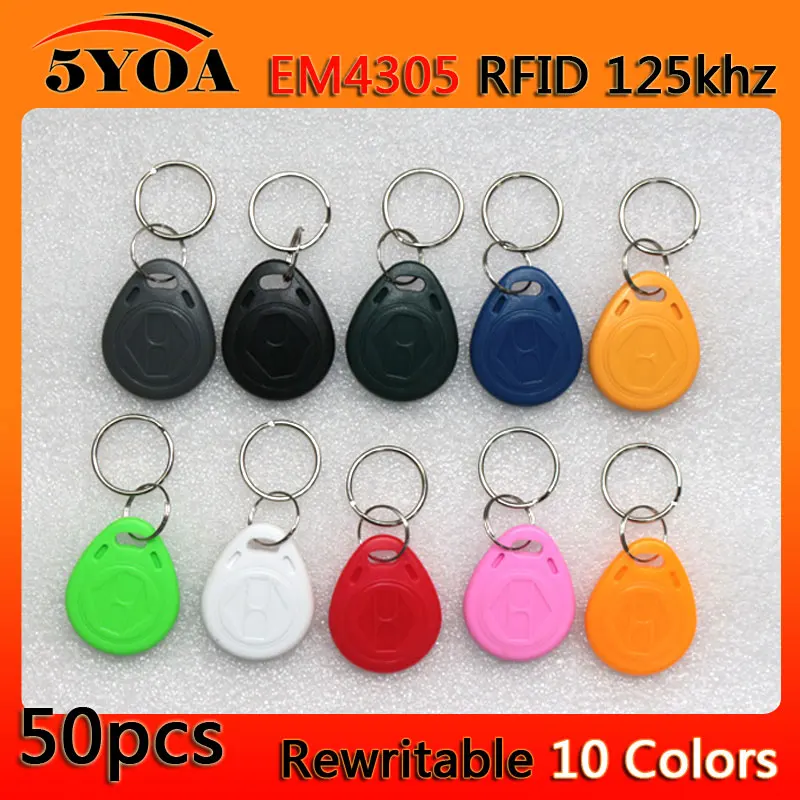

5YOA 50pcs em4305 Copy Rewritable Writable Rewrite Duplicate RFID Tag Proximity ID Token Key Keyfobs Ring 125Khz Card Access
