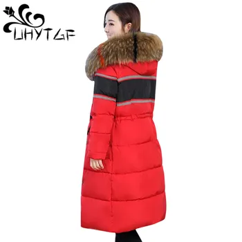 

UHYTGF Big fur collar Winter Jacket Women Long Coat Parka Jackets Wear on both sides Down Cotton Jacket Imitation Fur Collar 106