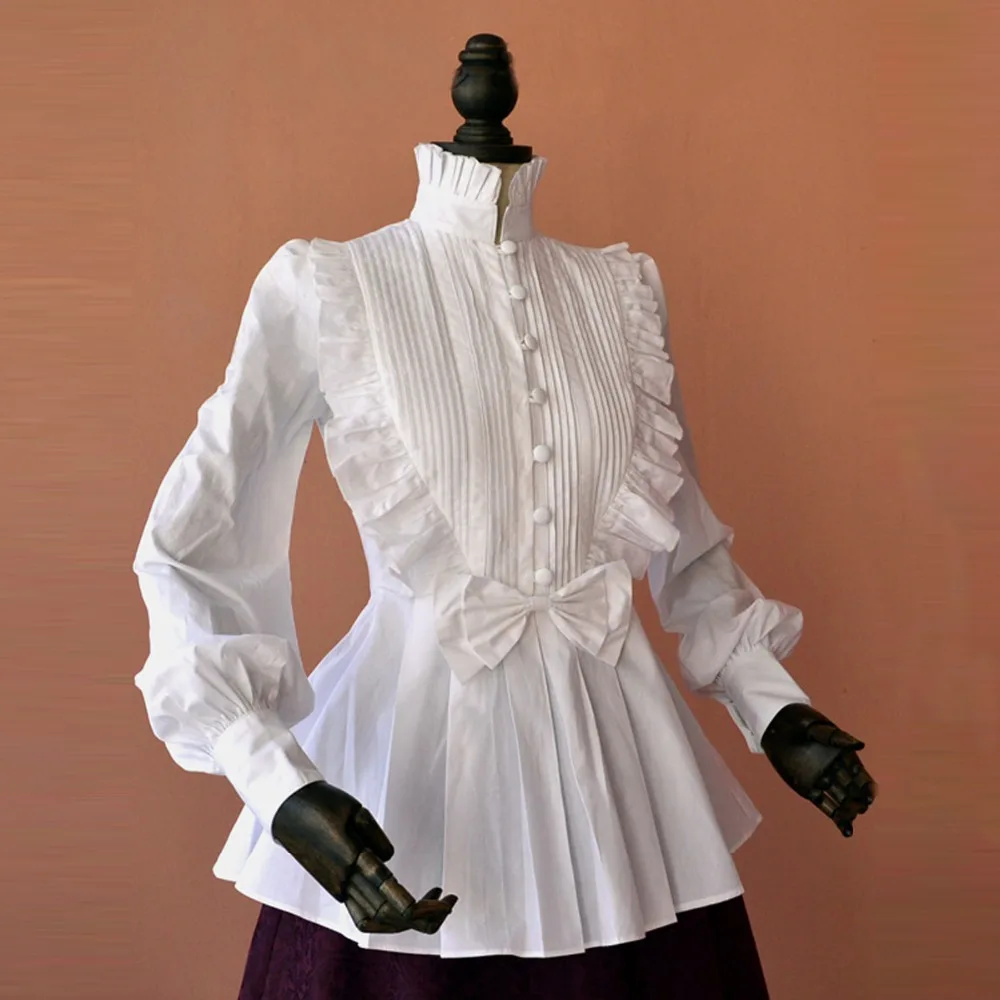 White cotton high neck bib pleat ruffle blouse victorian steampunk work lolita