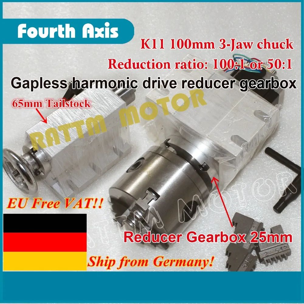 K11-100mm Rotary A Axis Rotational Fourth 4th Axis 3 Jaw Chuck Gapless harmonic reducer Gearbox dividing head Ratio 50:1 with 65mm Tailstock for CNC Router Engraving Milling Machine Changzhou Rattm Motor Co Ltd