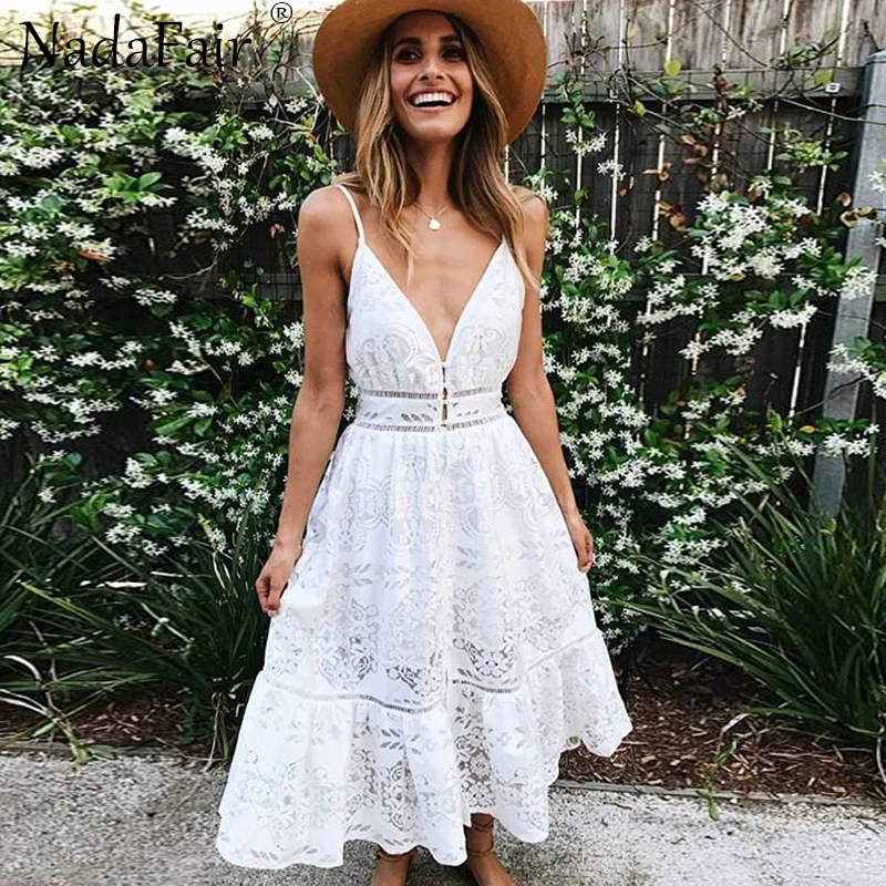 

Nadafair White Lace Summer Dress Women Strap Deep V Neck Backless Elegant Sexy Midi Party Dress 2019