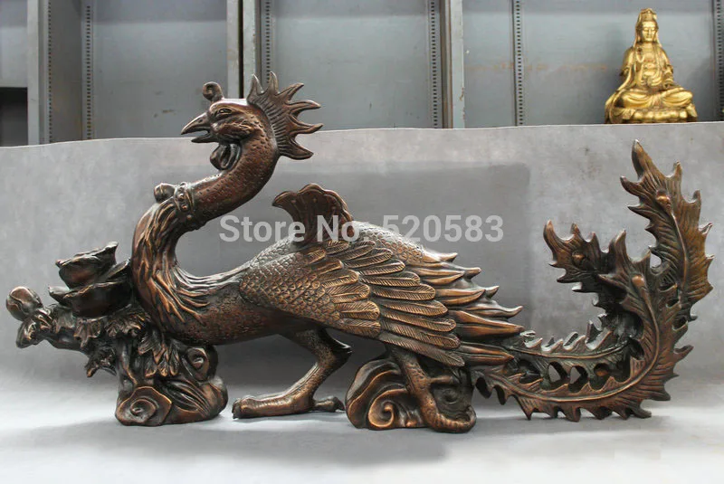 

40" Chinese Bronze FengShui JiXiang Bird Fly Phoenix Peacock Statue Sculpture