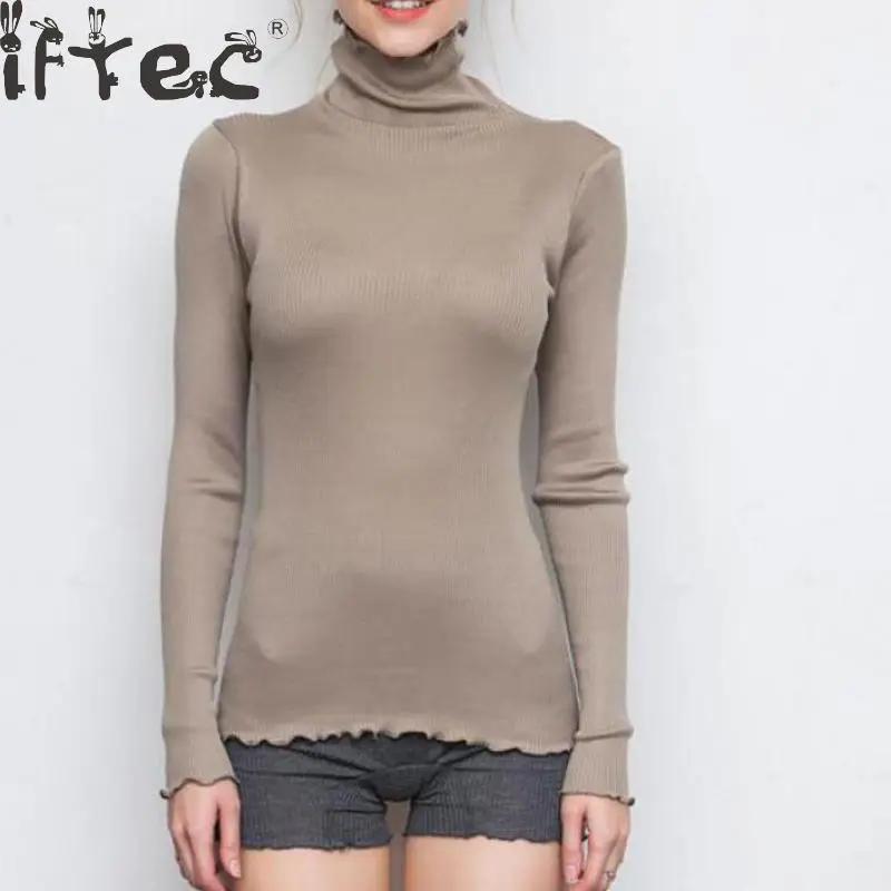 Iftec Silk Turtleneck Long-sleeve Pullover Solid Color High Elastic Slim Knitted Women Sweater Autumn Winter Jumper | Женская одежда