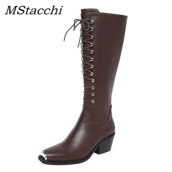

MStacchi Lace Up High Heels Motorcycle Boots Designer Knight Long Boots Cross Tied Metal Decor Square Toe 2019 Bota Feminina
